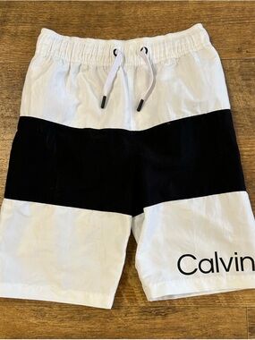 Calvin Klein White and Black Colorblock Swim Trunks